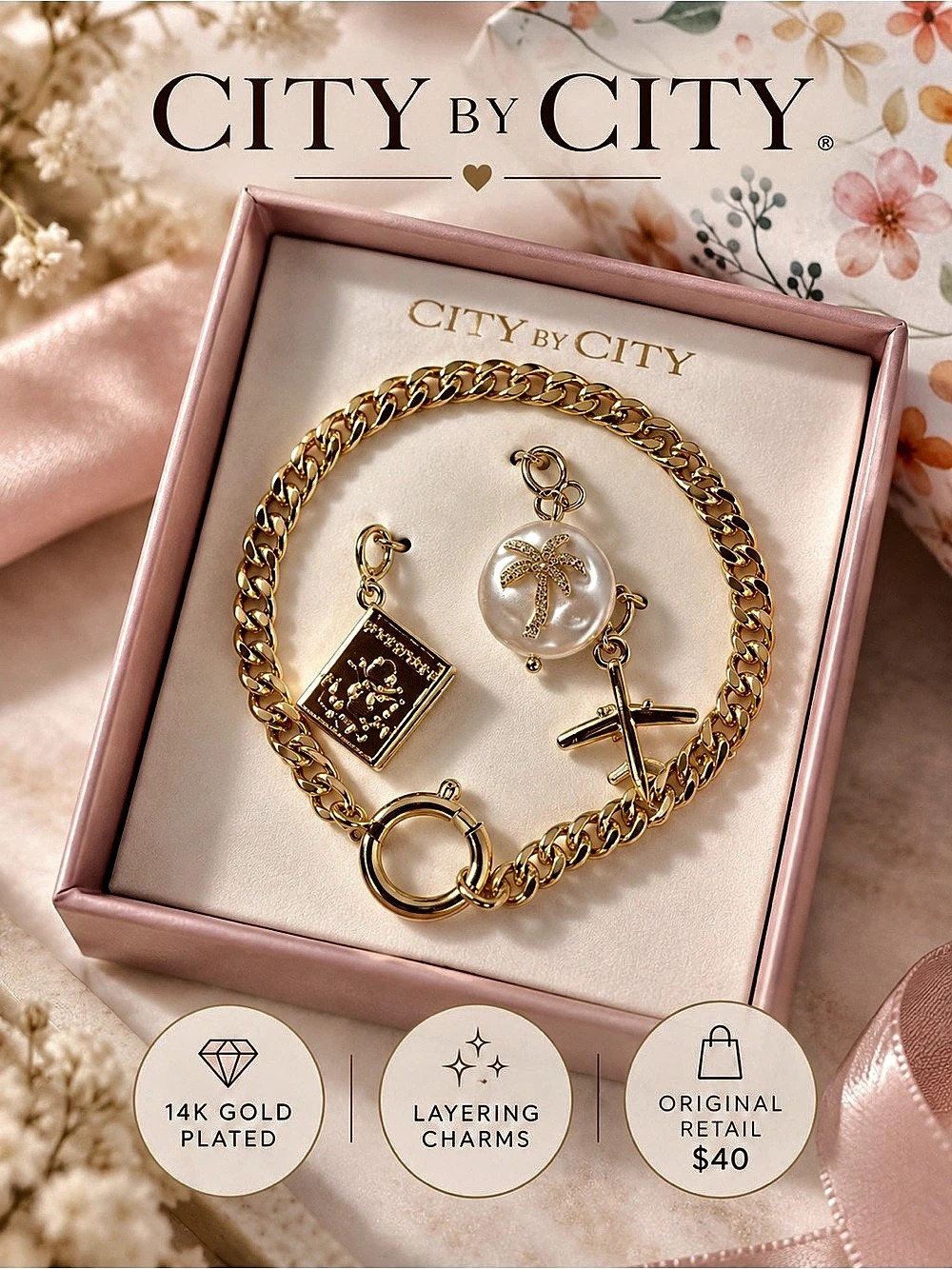 City by City 14K Gold Plated Layering Charm Bracelet